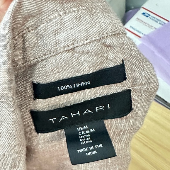 NEW TAHARI Women’s Linen Long Sleeve Collared Tunic Top in Taupe Sz M - Picture 5 of 9